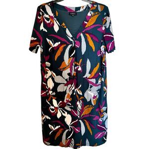 Caroll Paris Green Floral Linen Dress Size 14  V-neck  Lined Short Sleeves